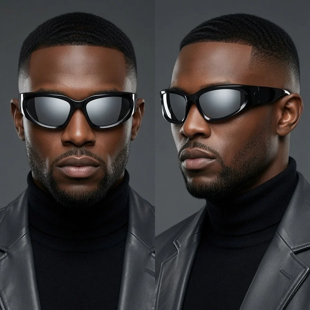 Bold Curved Shield Men Dark Athletic Eyewear Featuring Glossy Thick Oval Rim New